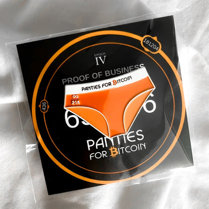 Front view of Panties for Bitcoin Infinity Pin on cardboard backing on white textile background