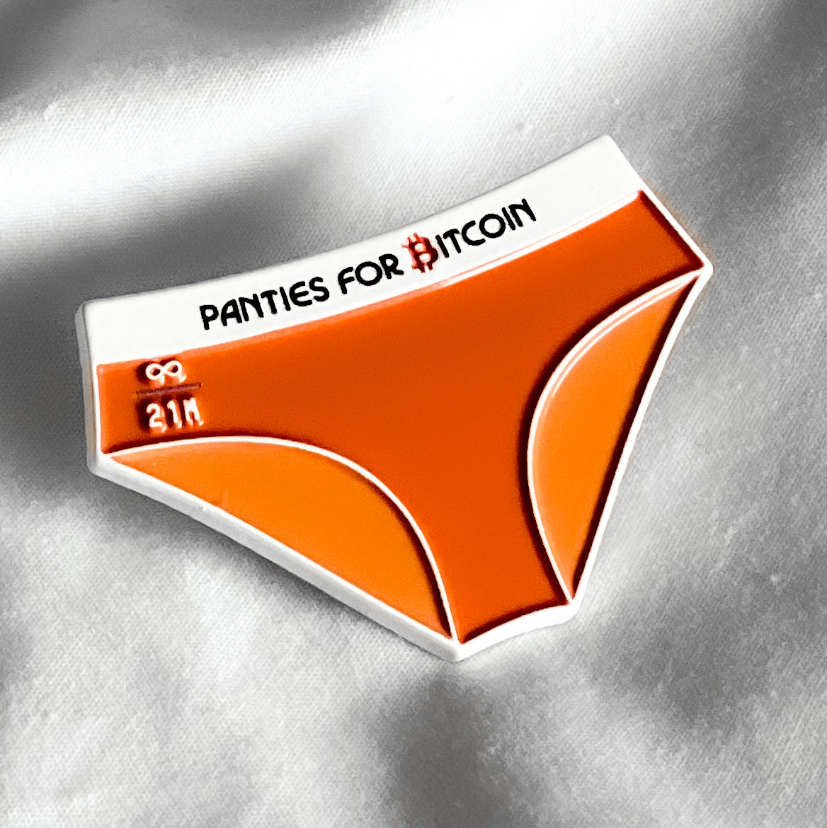 Front view of Panties for Bitcoin Infinity Pin on white textile background